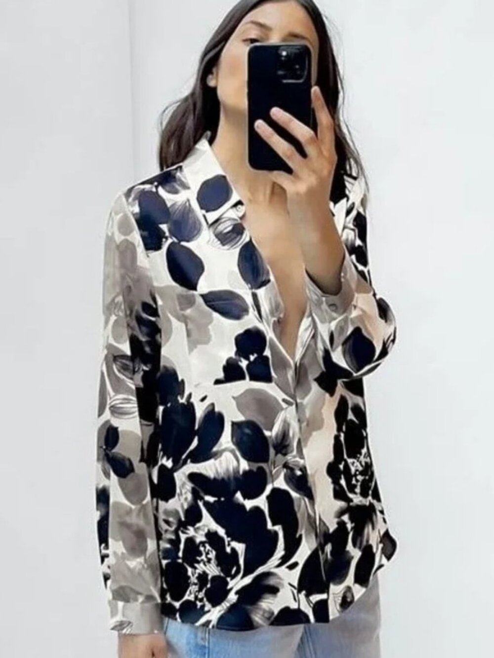 Zara Long Sleeve Button Down Black, Ivory, Gray Floral Blouse -XL